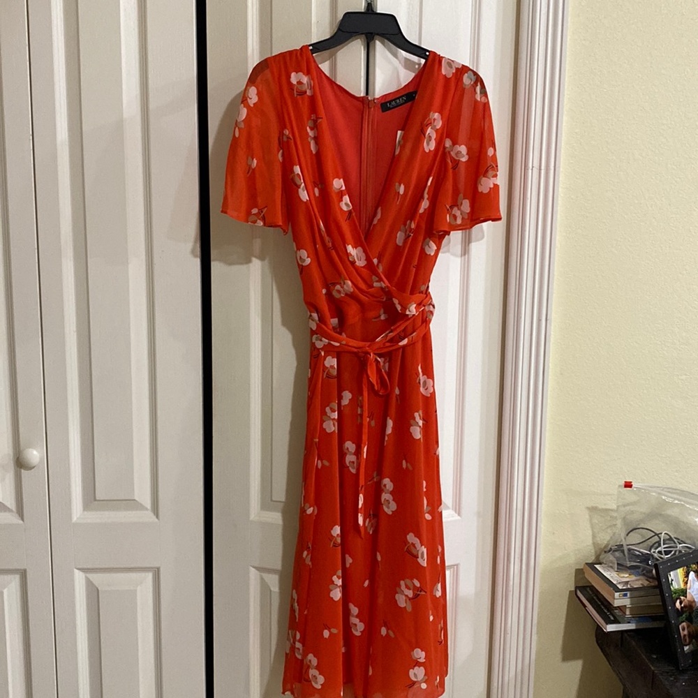 Womens Lauren  Dress .  Orange with beige flowers. Brand new.